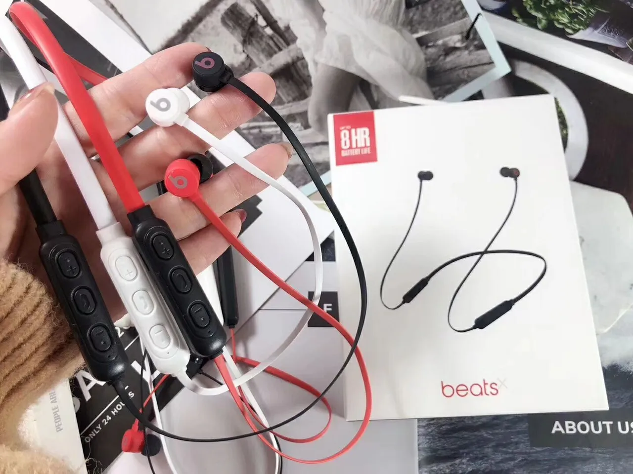 Beats X White Red Neckband Design Flexible Cable Sports Earphones 6