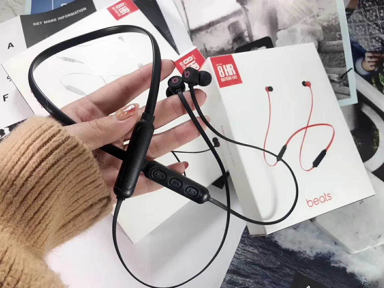 Beats X White Red Neckband Design Flexible Cable Sports Earphones 7