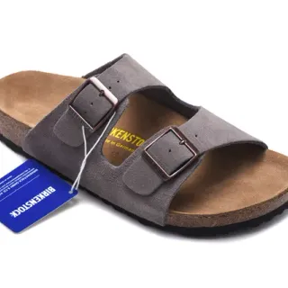 Birkenstock Arizona Sandales Gris Daim à Deux Brides Casual