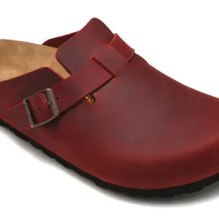 Birkenstock Red Black Leather Upper Buckle Strap Clog