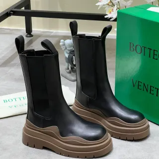 Bottega Veneta Andiamo Black and Tan Chunky Chelsea Ankle Boots