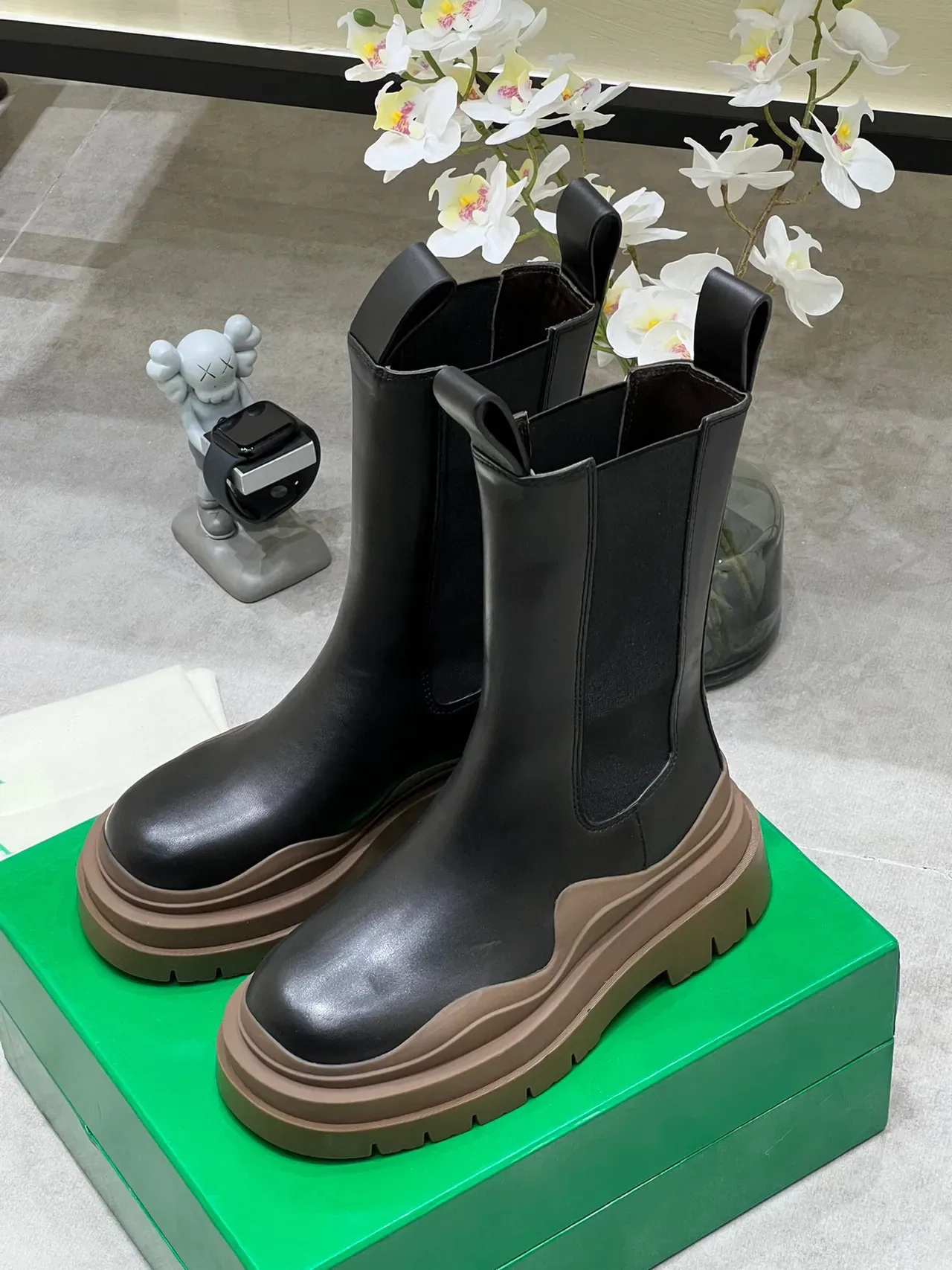 Bottega Veneta Andiamo Black and Tan Chunky Chelsea Ankle Boots 3