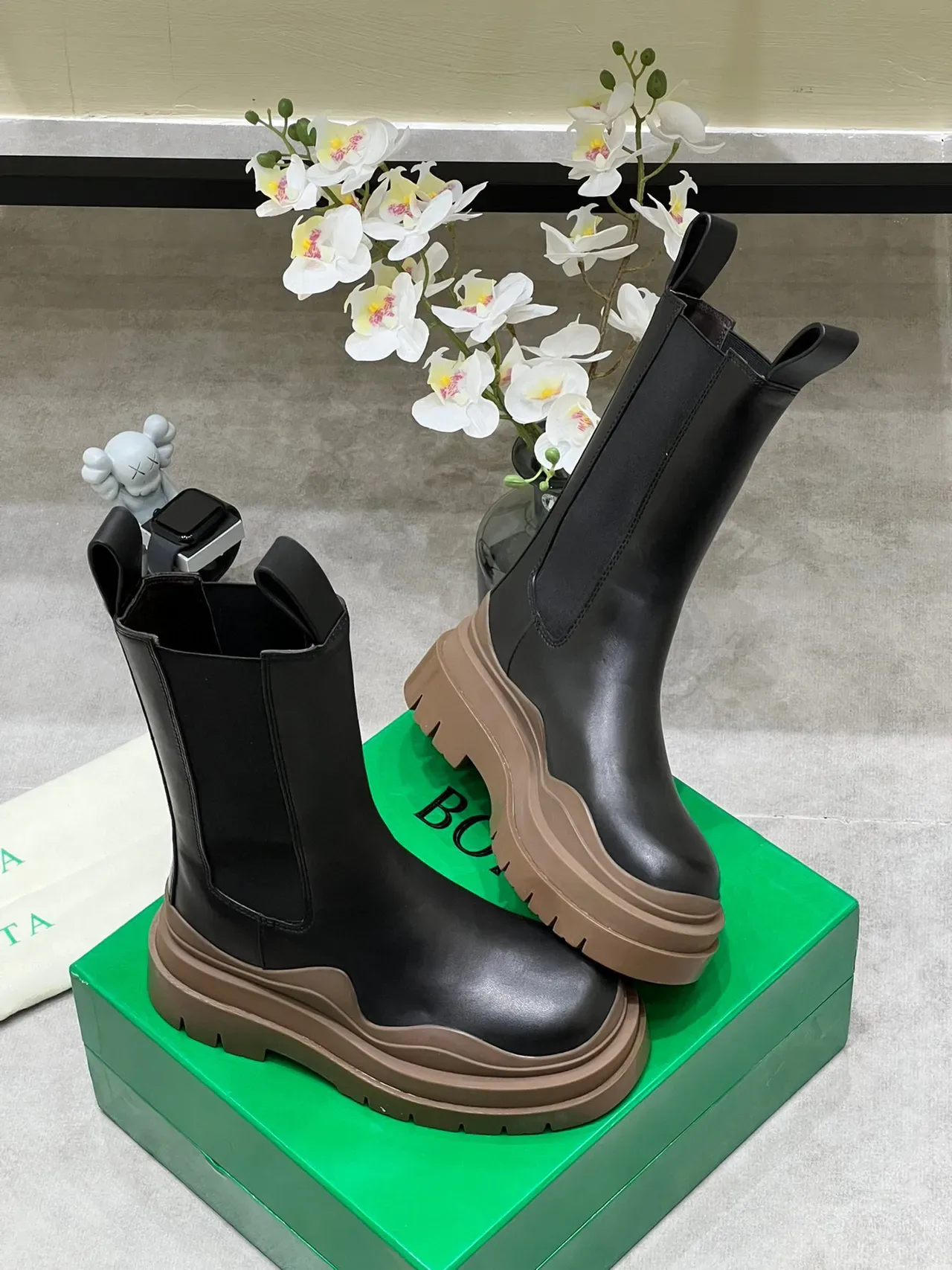 Bottega Veneta Andiamo Black and Tan Chunky Chelsea Ankle Boots 4