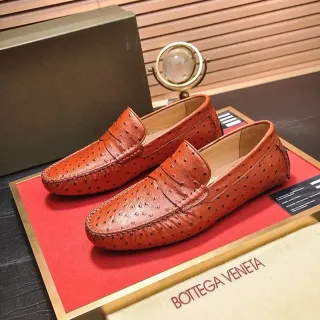 Bottega Veneta Brown Beige Perforated Ostrich Leather Penny Strap Loafer