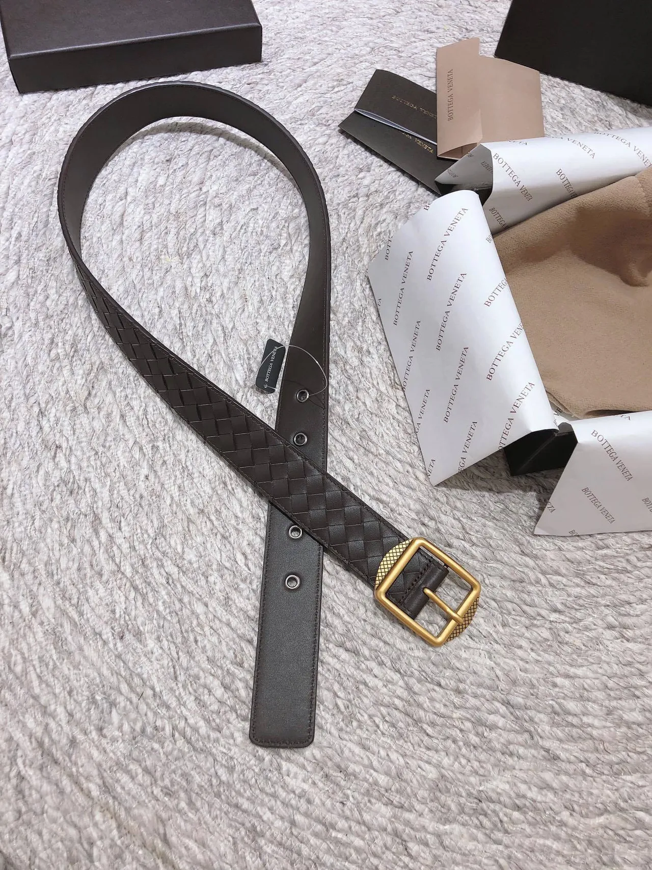 Bottega Veneta Ceinture en Cuir Marron Doré Intrecciato Tissé Rectangulaire avec Boucle 5