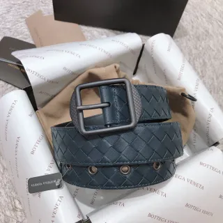 Bottega Veneta Intrecciato Belt Blue Black Woven Matte Rectangular Buckle Leather Belt