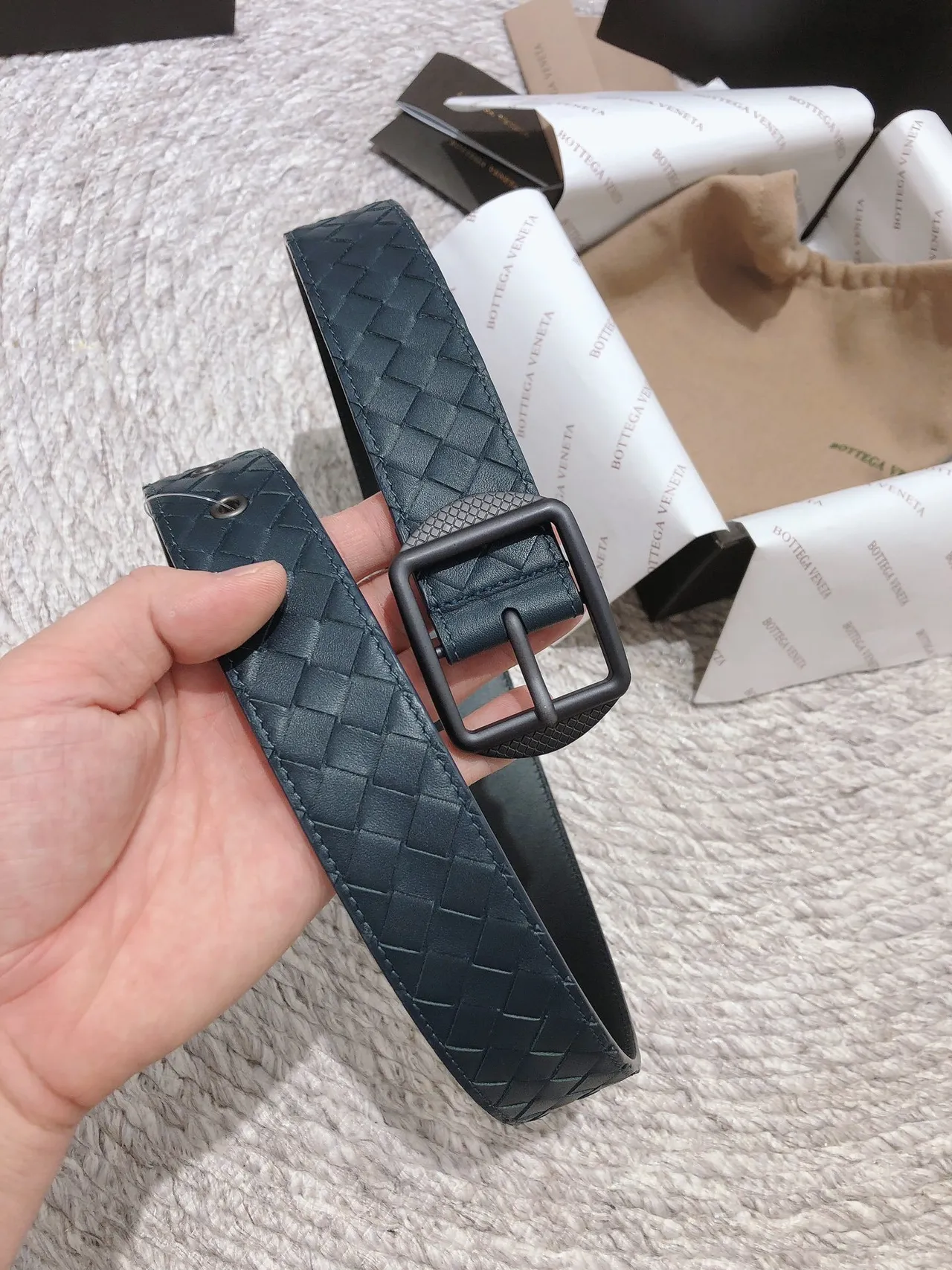 Bottega Veneta Intrecciato Belt Blue Black Woven Matte Rectangular Buckle Leather Belt 2