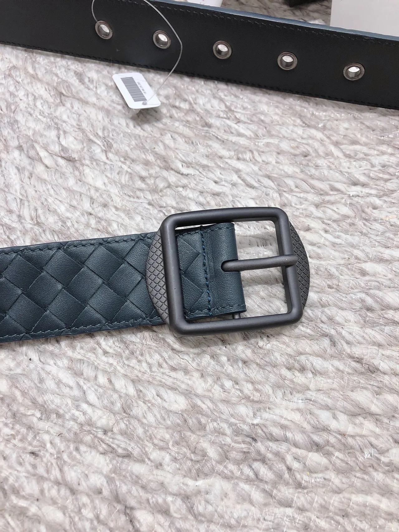 Bottega Veneta Intrecciato Belt Blue Black Woven Matte Rectangular Buckle Leather Belt 4