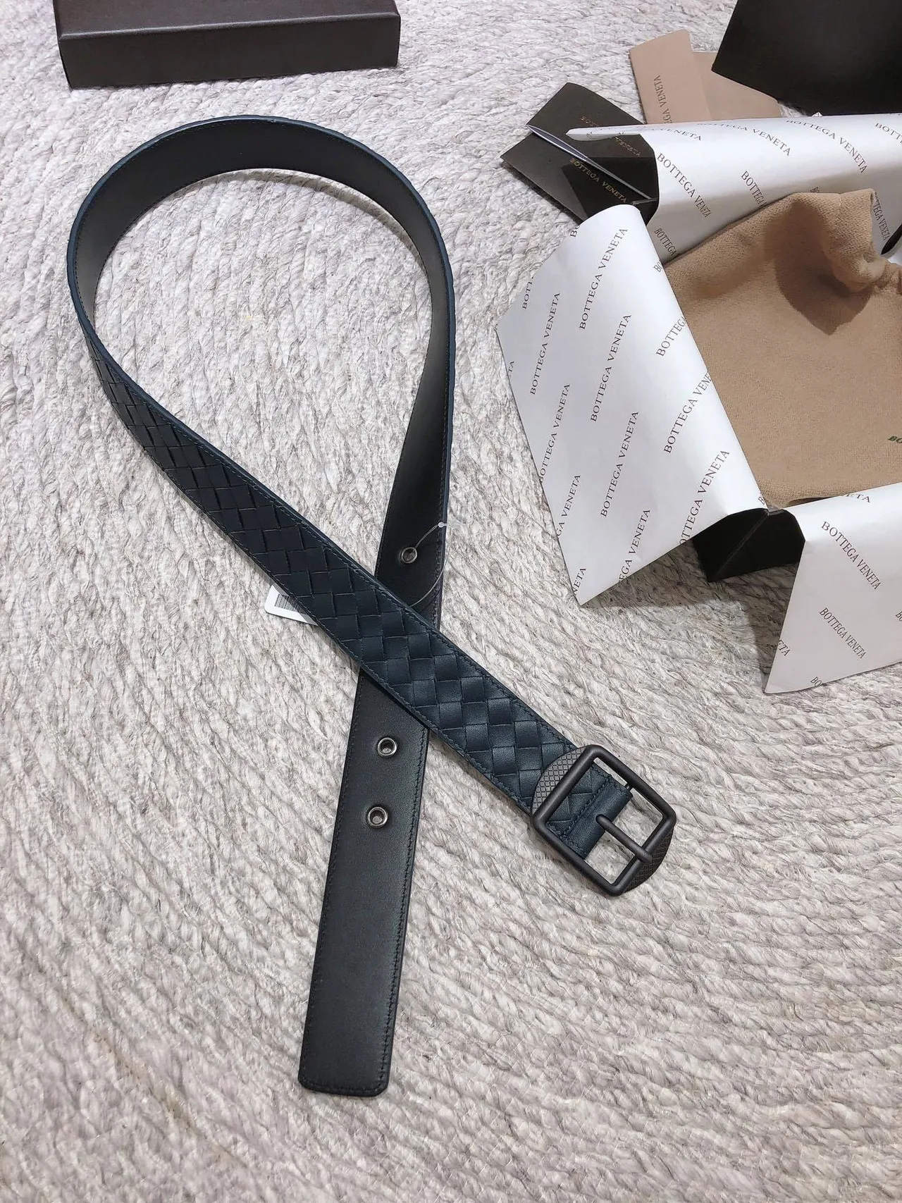 Bottega Veneta Intrecciato Belt Blue Black Woven Matte Rectangular Buckle Leather Belt 5