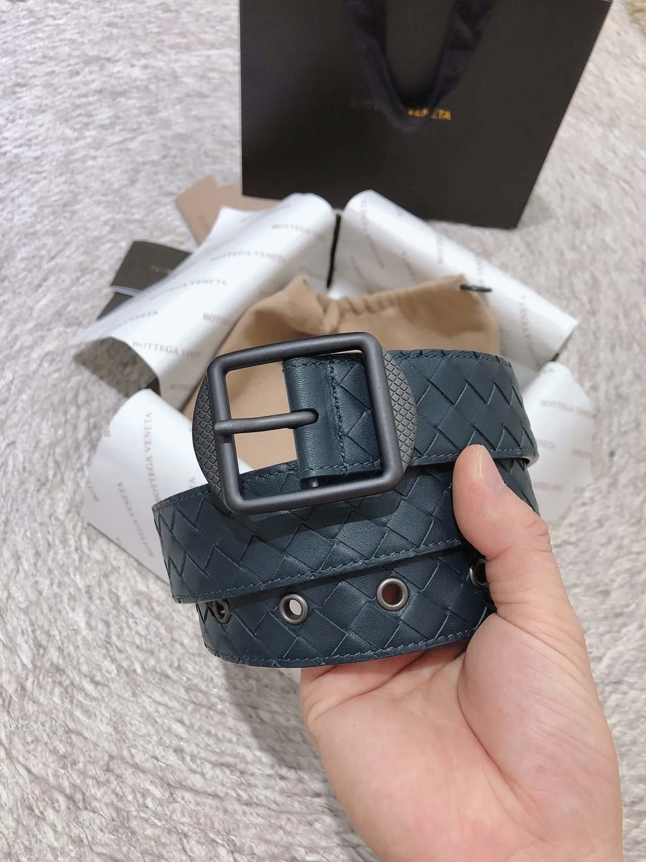 Bottega Veneta Intrecciato Belt Blue Black Woven Matte Rectangular Buckle Leather Belt 6