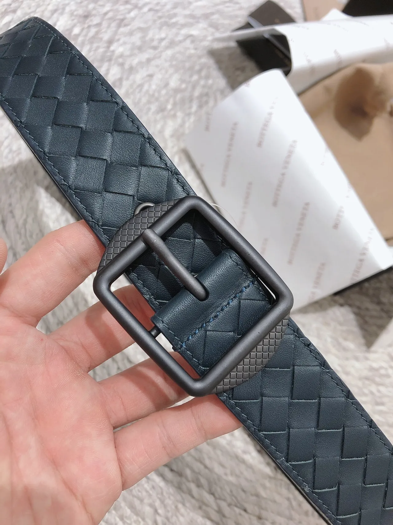 Bottega Veneta Intrecciato Belt Blue Black Woven Matte Rectangular Buckle Leather Belt 7