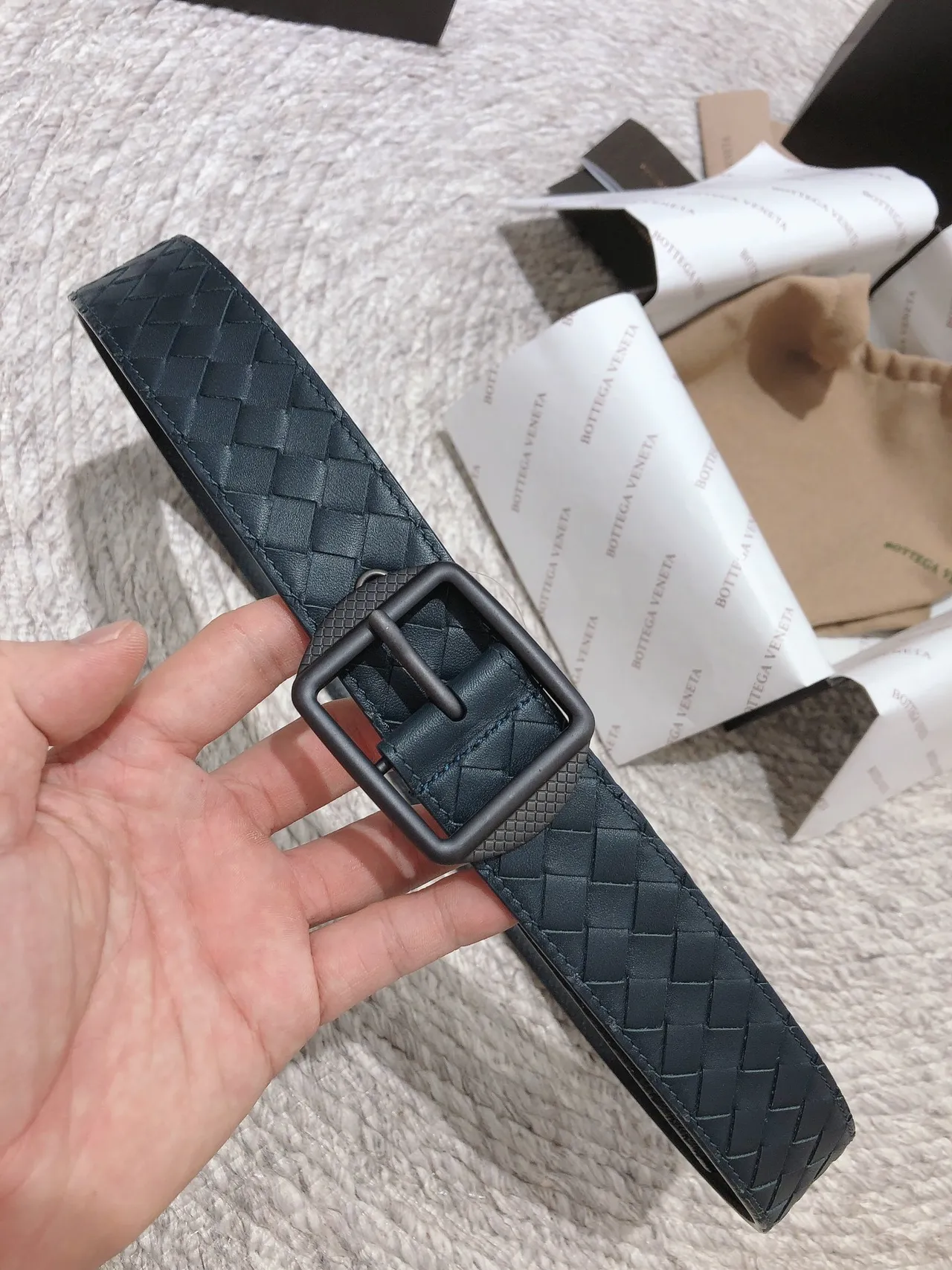 Bottega Veneta Intrecciato Belt Blue Black Woven Matte Rectangular Buckle Leather Belt 8