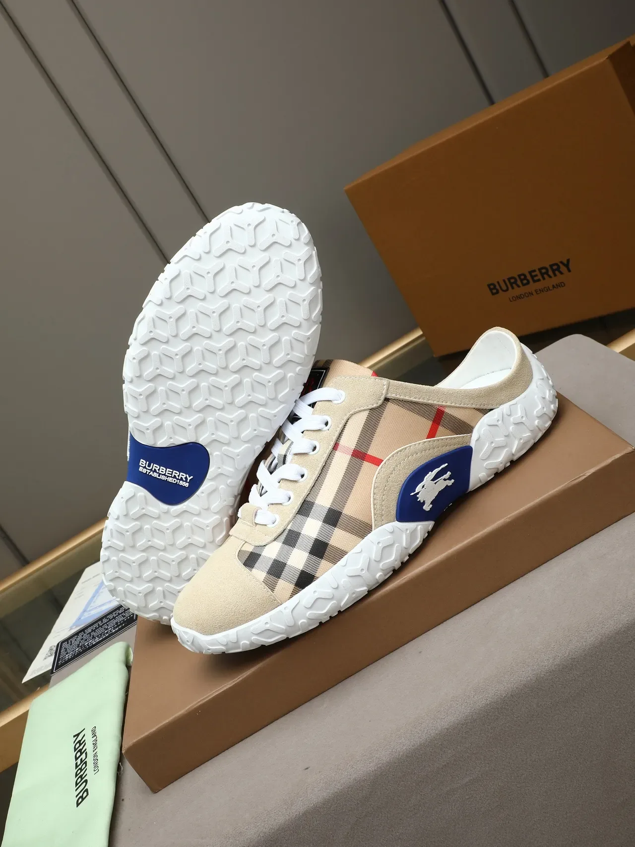 Burberry Beige Blue House Check Upper Suede Overlays Lifestyle Sneakers 4