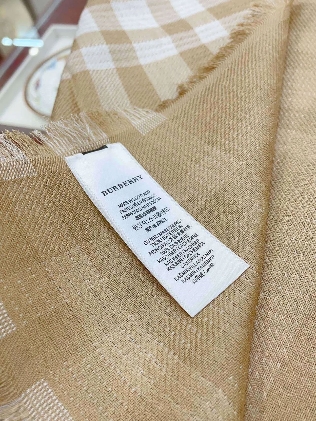 Burberry Beige White Checkered Fringed Cashmere Scarf 9