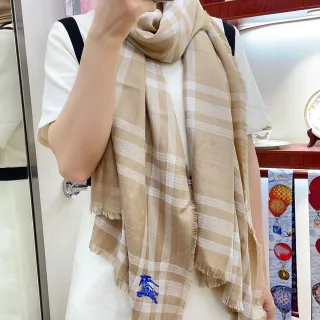 Burberry Beige White Checkered Fringed Cashmere Scarf