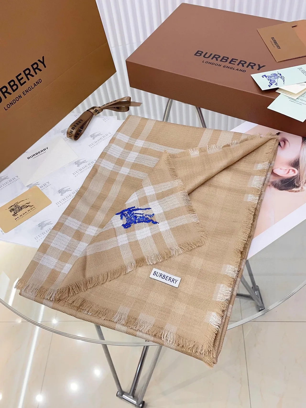 Burberry Beige White Checkered Fringed Cashmere Scarf 4