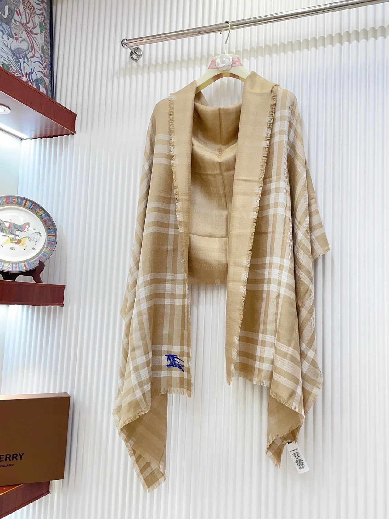 Burberry Beige White Checkered Fringed Cashmere Scarf 5