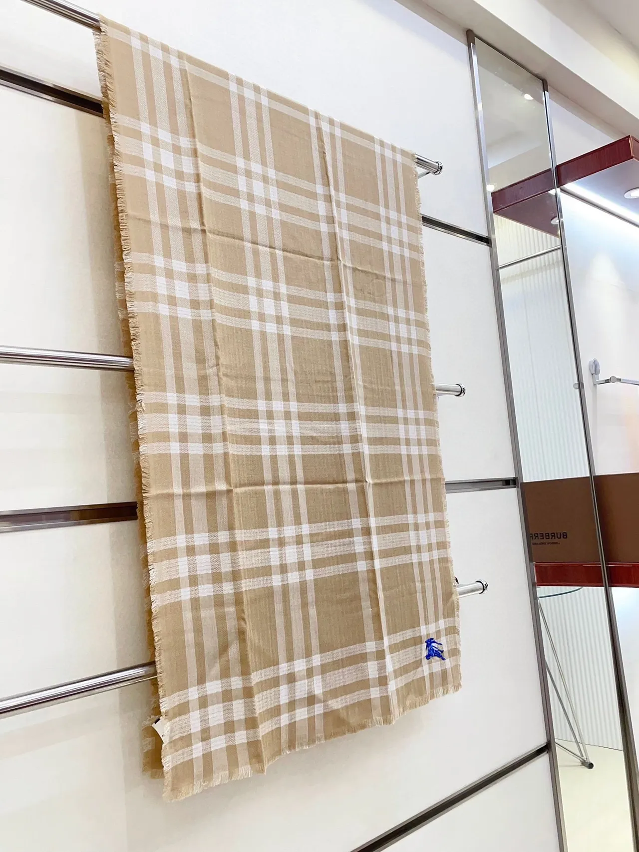 Burberry Beige White Checkered Fringed Cashmere Scarf 6