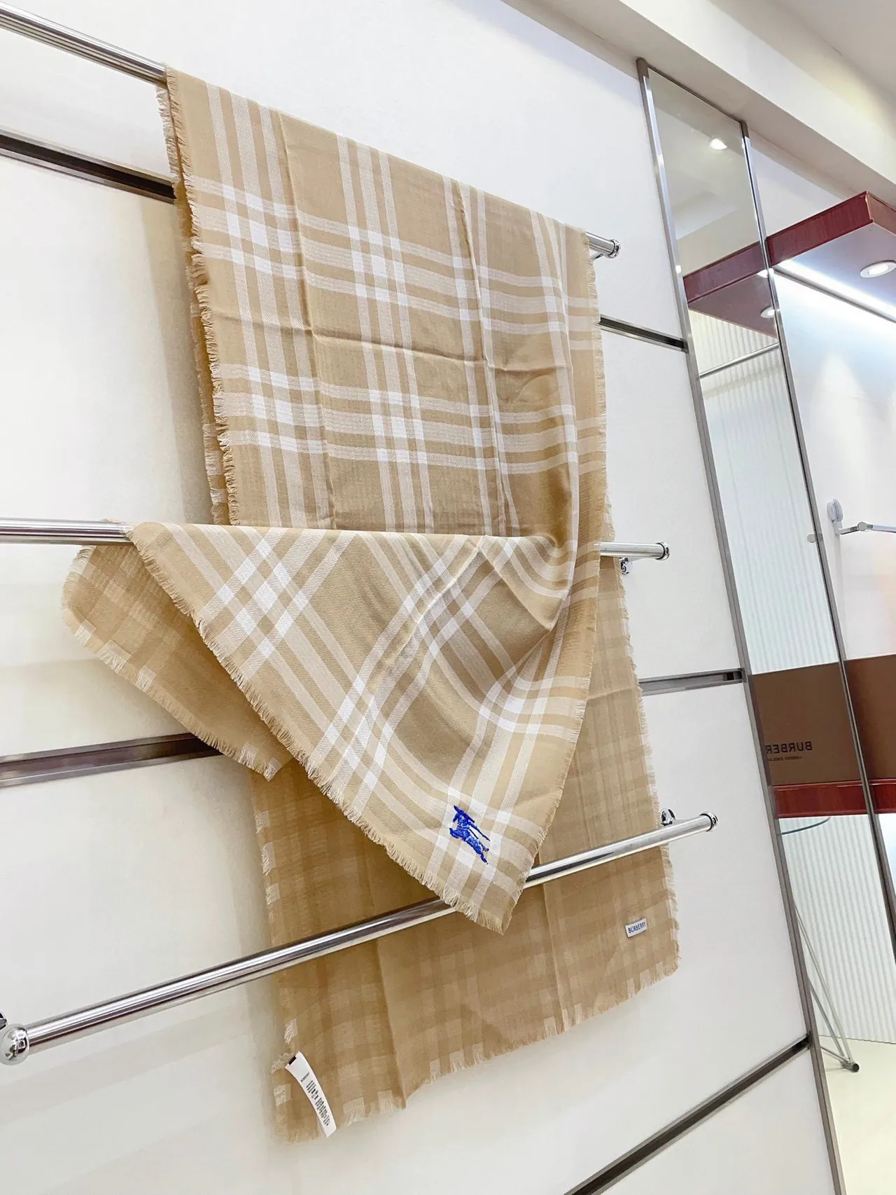 Burberry Beige White Checkered Fringed Cashmere Scarf 7