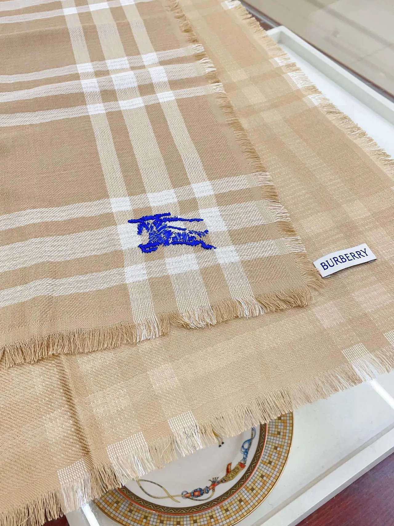 Burberry Beige White Checkered Fringed Cashmere Scarf 8