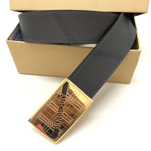 Burberry Black Gold Check-Patterned Strap Rectangular Buckle Leather Belt 3