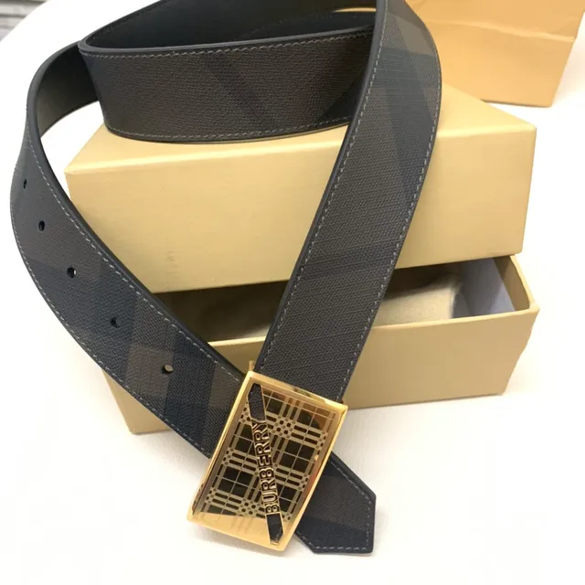 Burberry Black Gold Check-Patterned Strap Rectangular Buckle Leather Belt 4