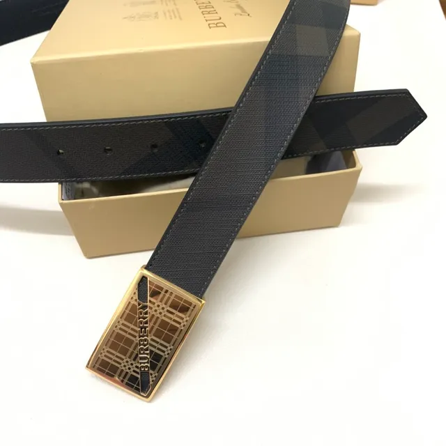 Burberry Black Gold Check-Patterned Strap Rectangular Buckle Leather Belt 7
