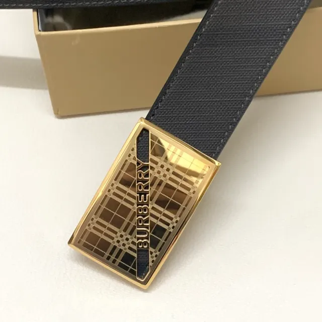 Burberry Black Gold Check-Patterned Strap Rectangular Buckle Leather Belt 8