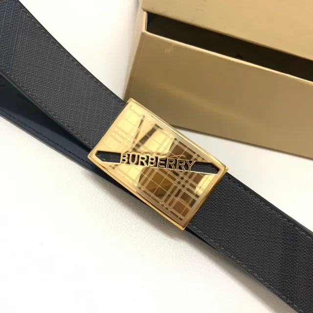 Burberry Black Gold Check-Patterned Strap Rectangular Buckle Leather Belt 9
