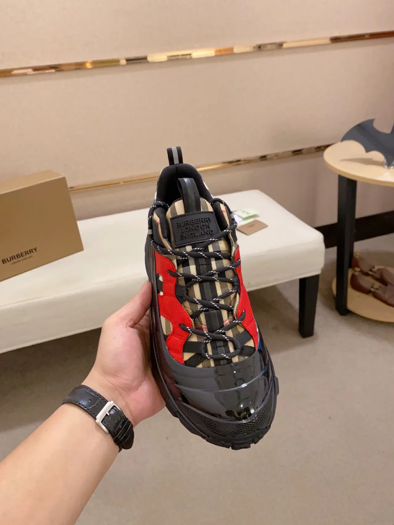 Burberry Black Red Sole Check-Pattern Heel Chunky Sneakers 4
