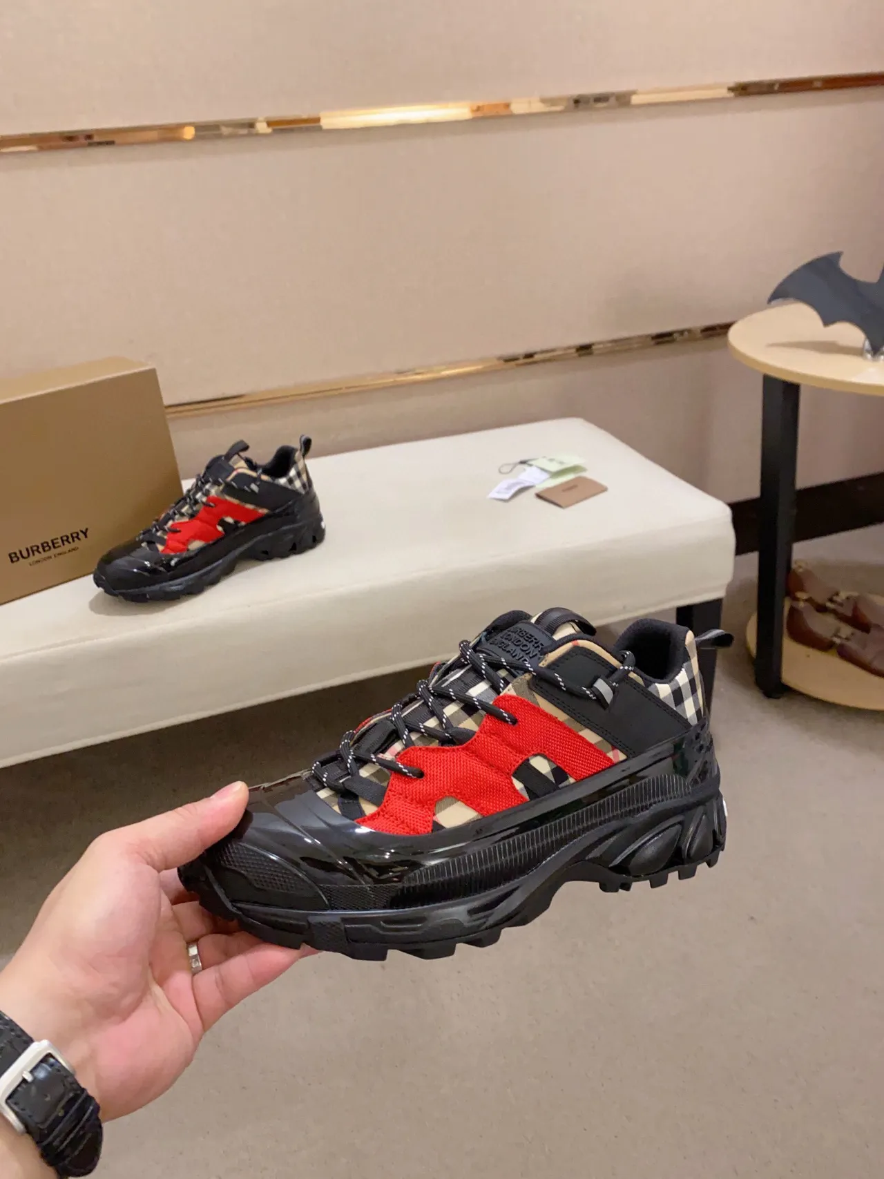 Burberry Black Red Sole Check-Pattern Heel Chunky Sneakers 5