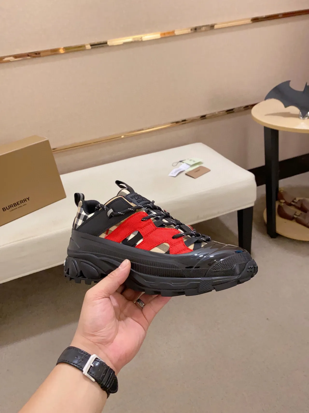 Burberry Black Red Sole Check-Pattern Heel Chunky Sneakers 6