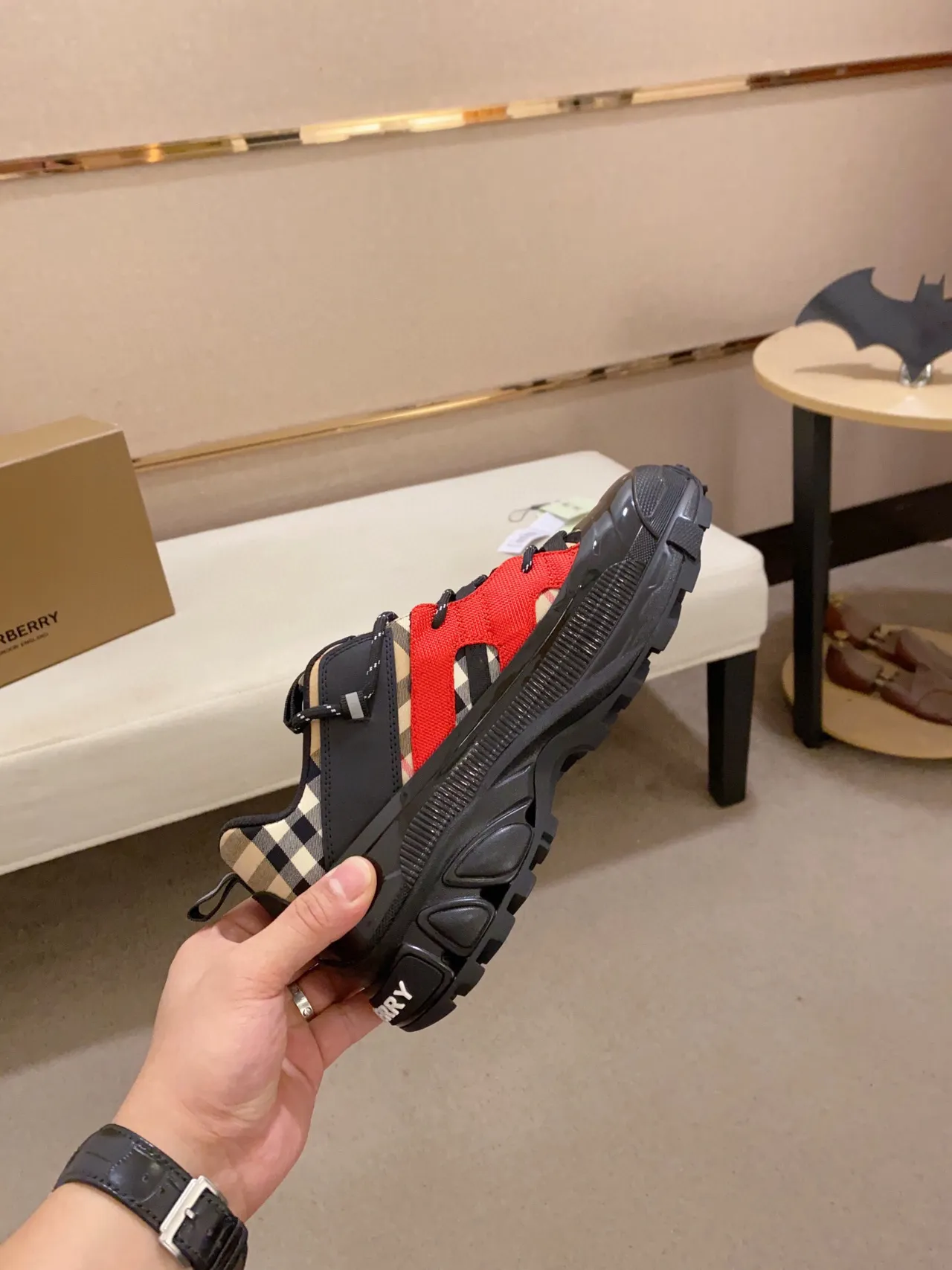 Burberry Black Red Sole Check-Pattern Heel Chunky Sneakers 7