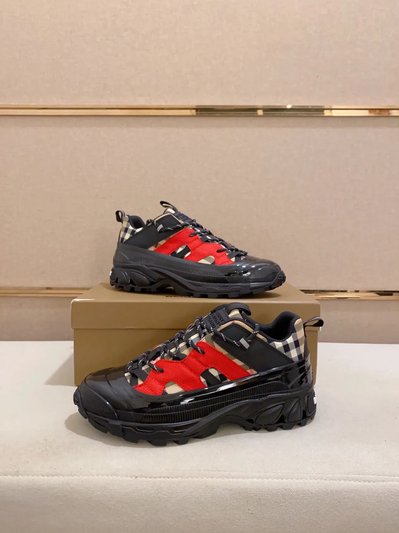 Burberry Black Red Sole Check-Pattern Heel Chunky Sneakers 9