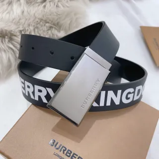 Burberry Black Silver Logo-Print Rubber Strap Rectangular Polished Metal Buckle Leather Belt