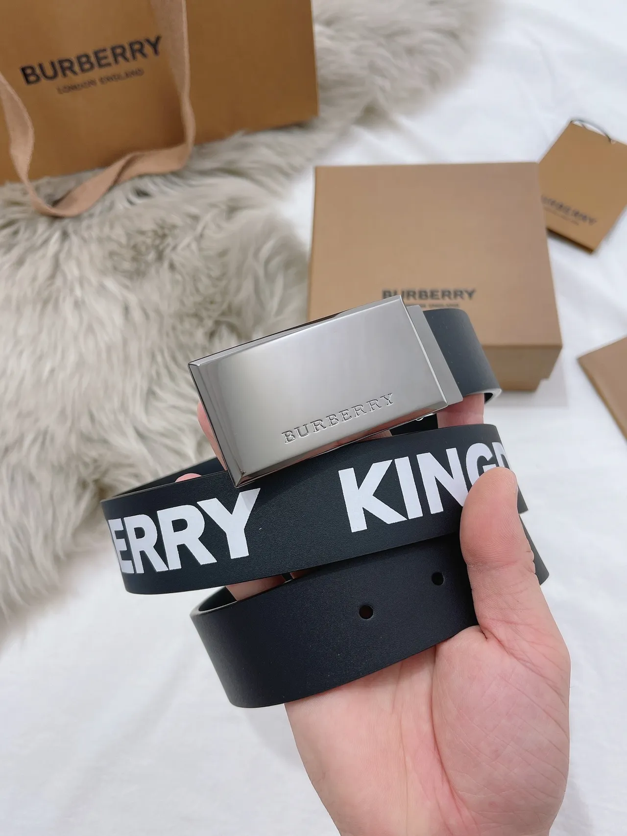 Burberry Black Silver Logo-Print Rubber Strap Rectangular Polished Metal Buckle Leather Belt 2