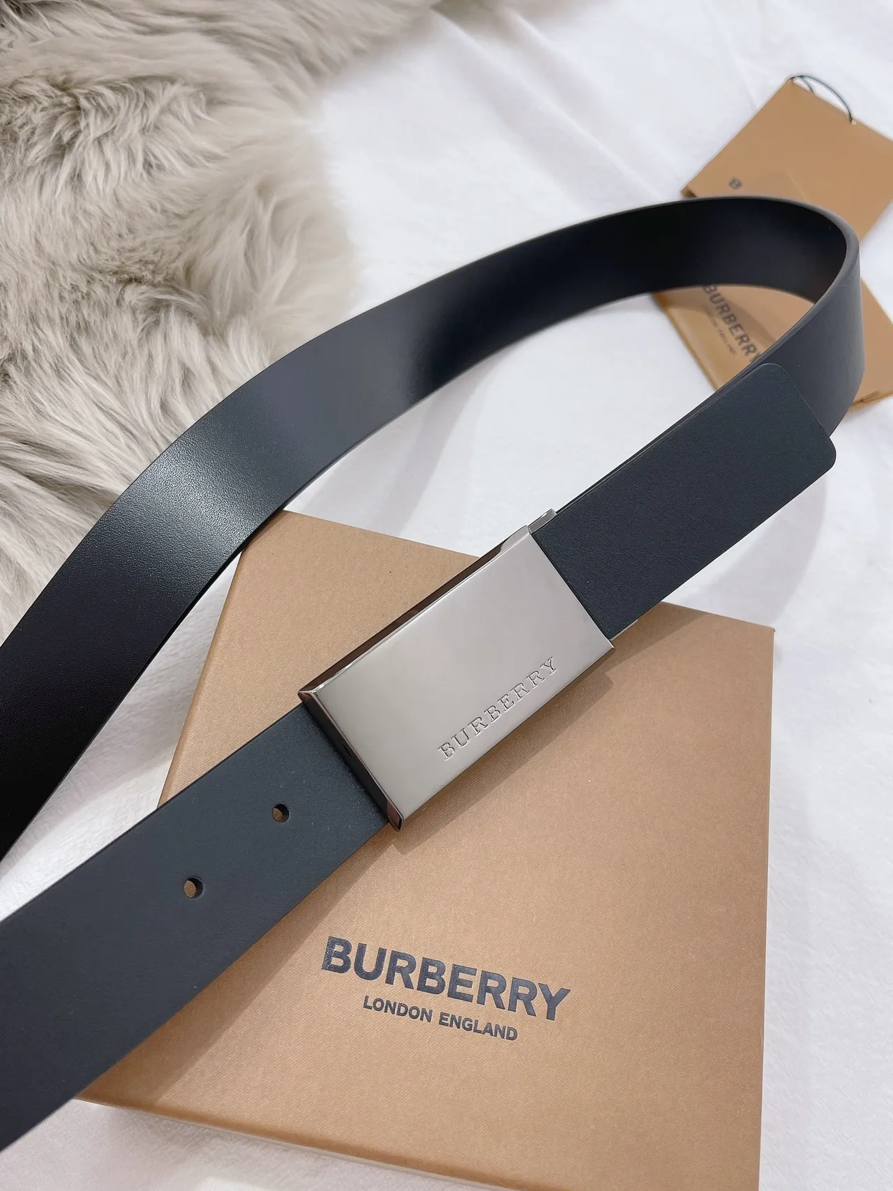 Burberry Black Silver Logo-Print Rubber Strap Rectangular Polished Metal Buckle Leather Belt 6