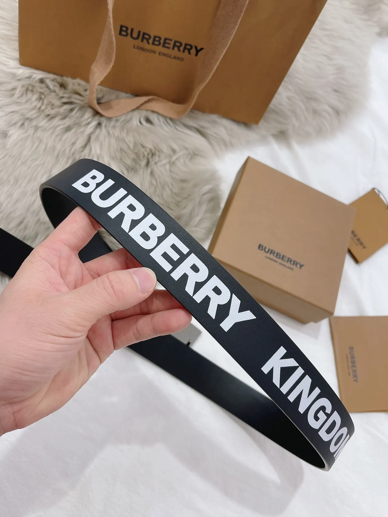 Burberry Black Silver Logo-Print Rubber Strap Rectangular Polished Metal Buckle Leather Belt 7