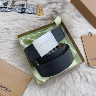 Burberry Black Silver Smooth Rectangular Buckle Leather Belt