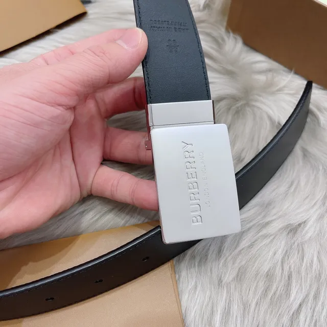 Burberry Black Silver Smooth Rectangular Buckle Leather Belt 5