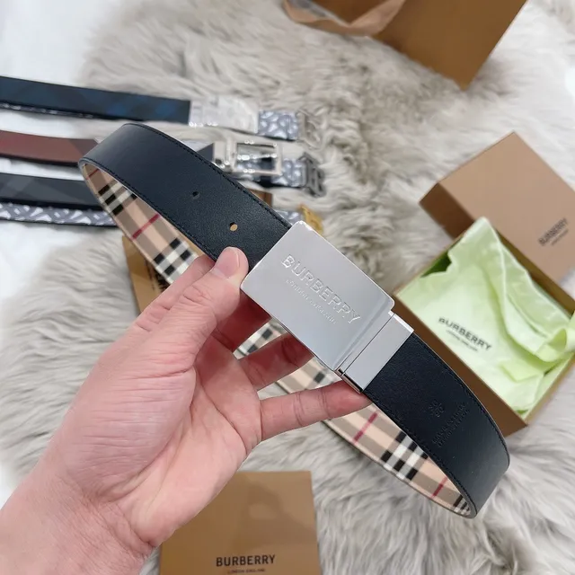 Burberry Black Silver Smooth Rectangular Buckle Leather Belt 6
