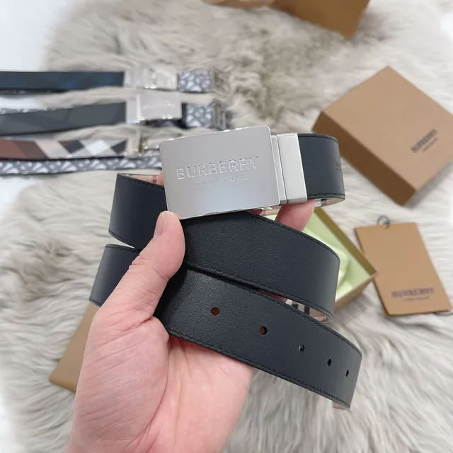 Burberry Black Silver Smooth Rectangular Buckle Leather Belt 7