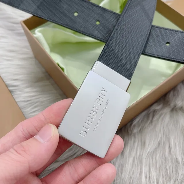 Burberry Black Silver Textured Woven Strap Rectangular Engraved Buckle Leather Belt 4