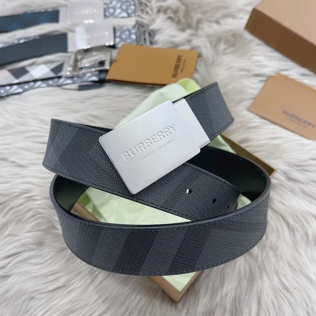 Burberry Black Silver Textured Woven Strap Rectangular Engraved Buckle Leather Belt 7