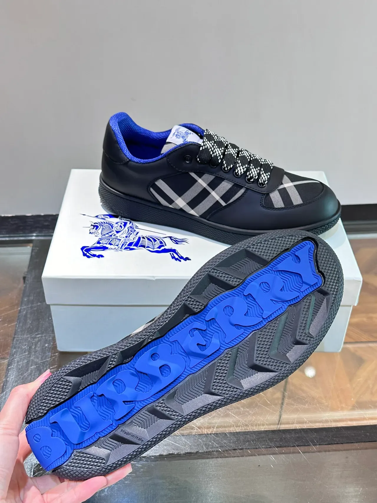 Burberry Check-Panel Black and Blue Lifestyle Sneakers 2
