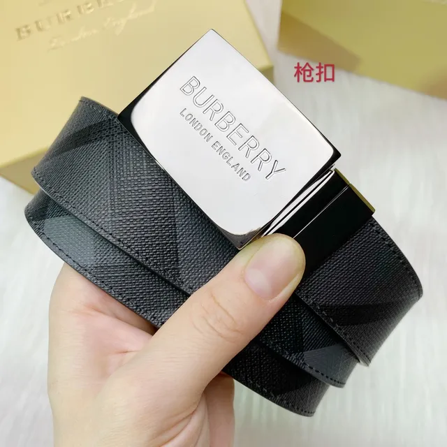 Burberry Gun Buckle Black Silver Rectangular Smooth Leather Belt 2