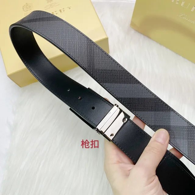 Burberry Gun Buckle Black Silver Rectangular Smooth Leather Belt 3