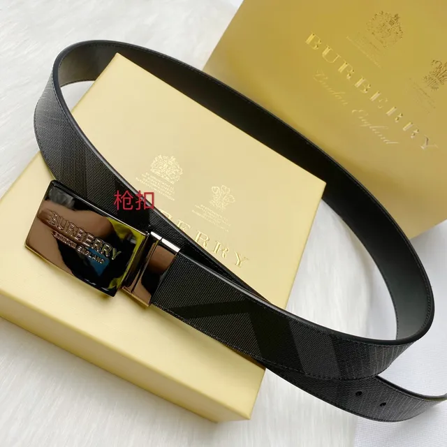 Burberry Gun Buckle Black Silver Rectangular Smooth Leather Belt 5