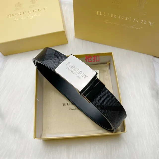 Burberry Gun Buckle Black Silver Rectangular Smooth Leather Belt 6