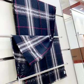 Burberry মোনোগ্রাম চেক স্কার্ফ নীলবাদামী সাদা ওভারলে ফ্রিঞ্জড কিনারা ক্যাশমিয়ার স্কার্ফ
